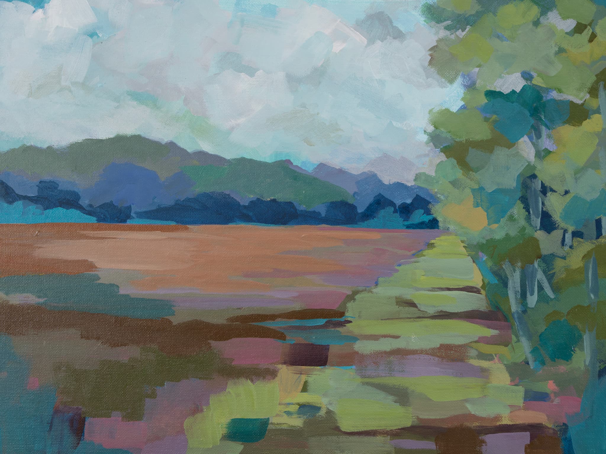 Impressionist landscape painting of a field and tree line beneath soft clouds